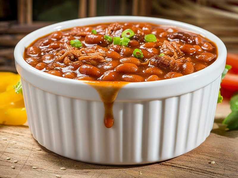 BBQ baked beans in white ramekin with scallions
