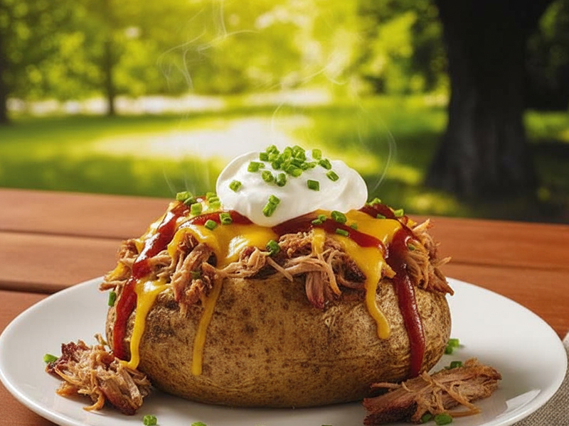 Loaded baked potato topped with pulled pork, cheddar, sauces, sour cream and chives
