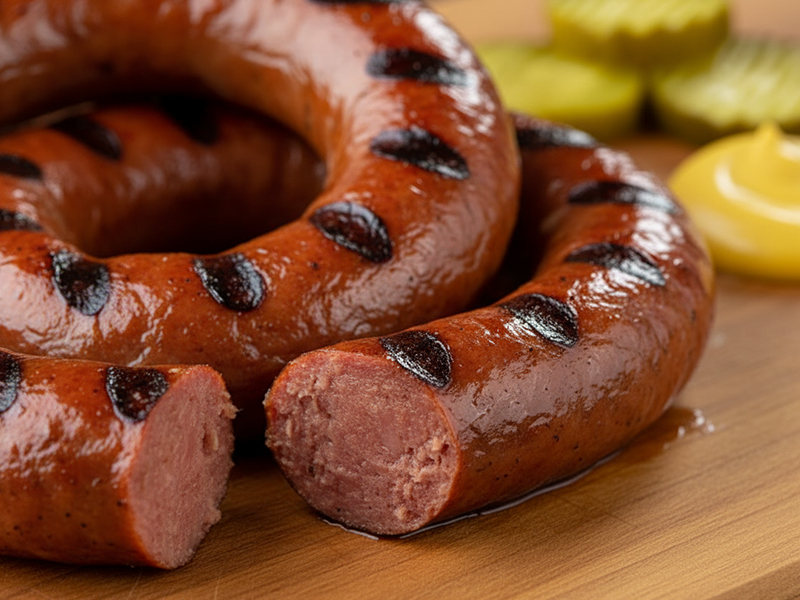 Ring of smoked sausage with seared grill marks